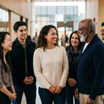 Diverse group of six people smiling and talking in a modern office lobby.