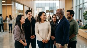 Diverse group of six people smiling and talking in a modern office lobby.