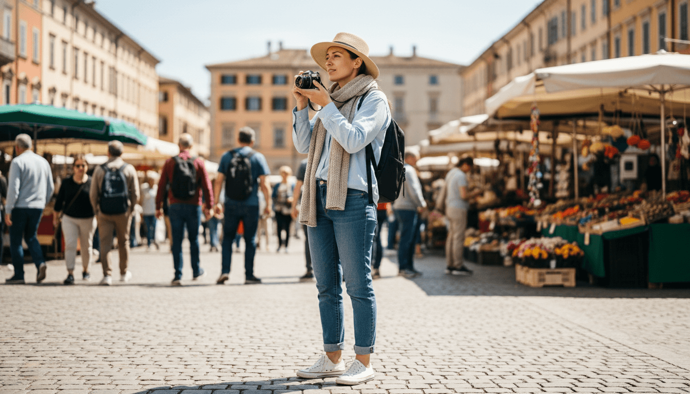 Woman in hat and scarf taking photos at an outdoor market with flower and produce stalls