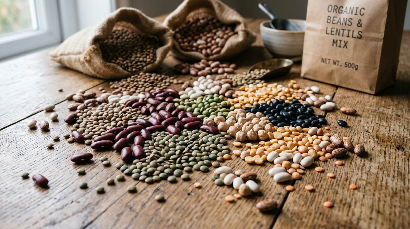 Various organic beans and lentils spilled from burlap sacks on a wooden table next to a labeled paper bag