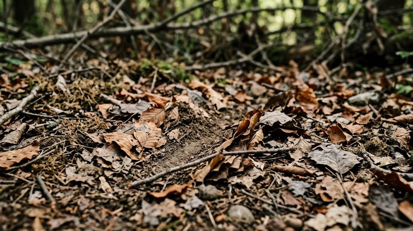 Forest floor covered with dry brown leaves, twigs, and patches of exposed soil.