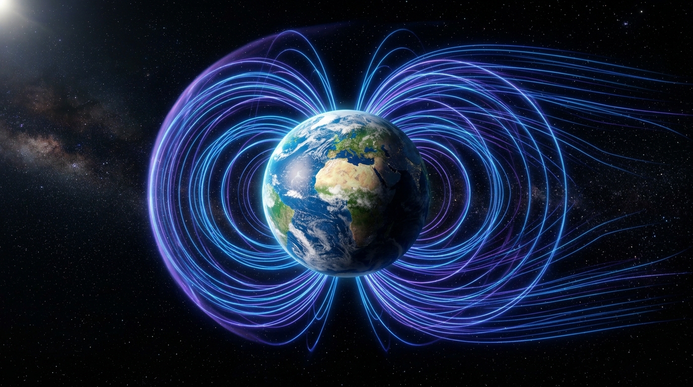Earth with glowing blue and purple magnetic field lines extending into space