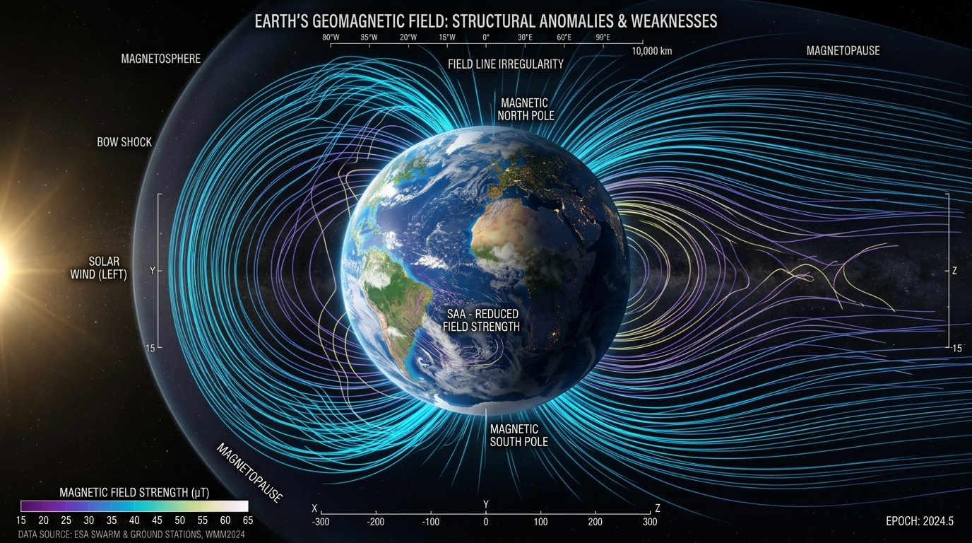 Earth's geomagnetic field lines showing structural anomalies, magnetic poles, South Atlantic Anomaly, and solar wind interaction.