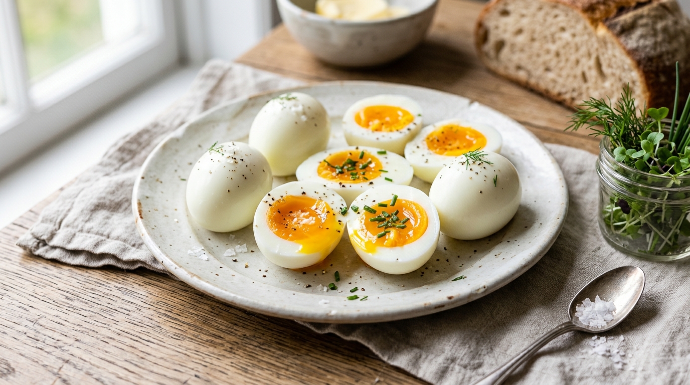 Plate with soft-boiled eggs seasoned with black pepper and herbs on a wooden table with bread and microgreens
