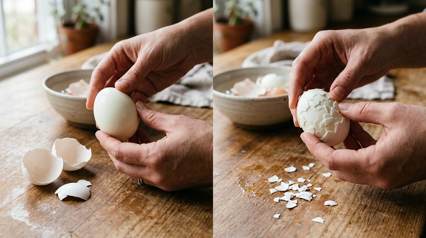 Hands peeling a hard-boiled egg over a wooden table with eggshells and a bowl in the background
