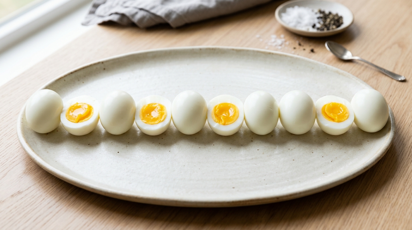 Hard-boiled eggs, some halved showing soft yolks, arranged in a line on a ceramic plate