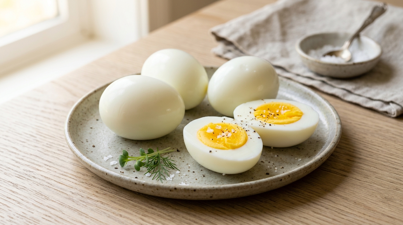 Plate with three whole and one halved hard-boiled eggs seasoned with salt, pepper, and herbs on a wooden table