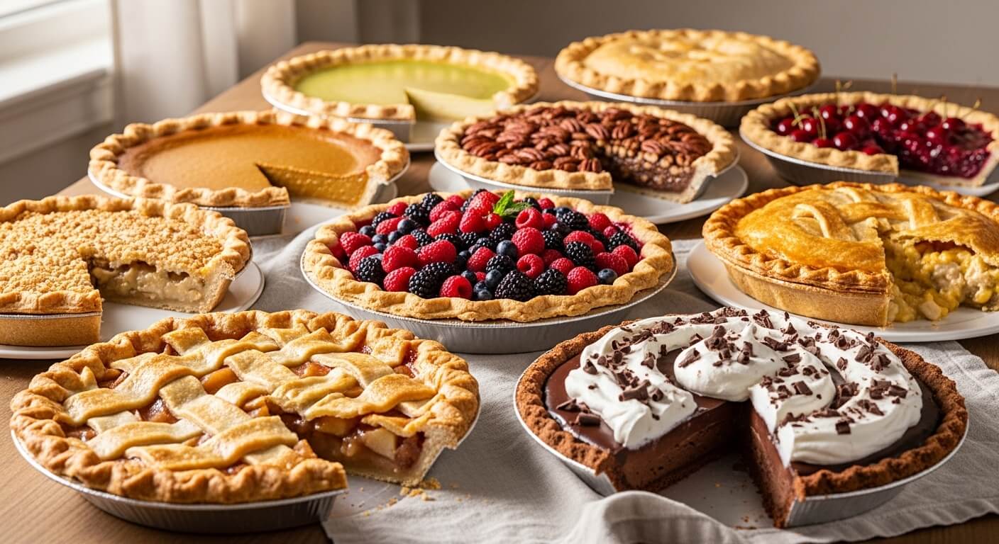 Assorted sliced pies including apple, chocolate cream, pecan, berry, cherry, pumpkin, and custard on a wooden table.