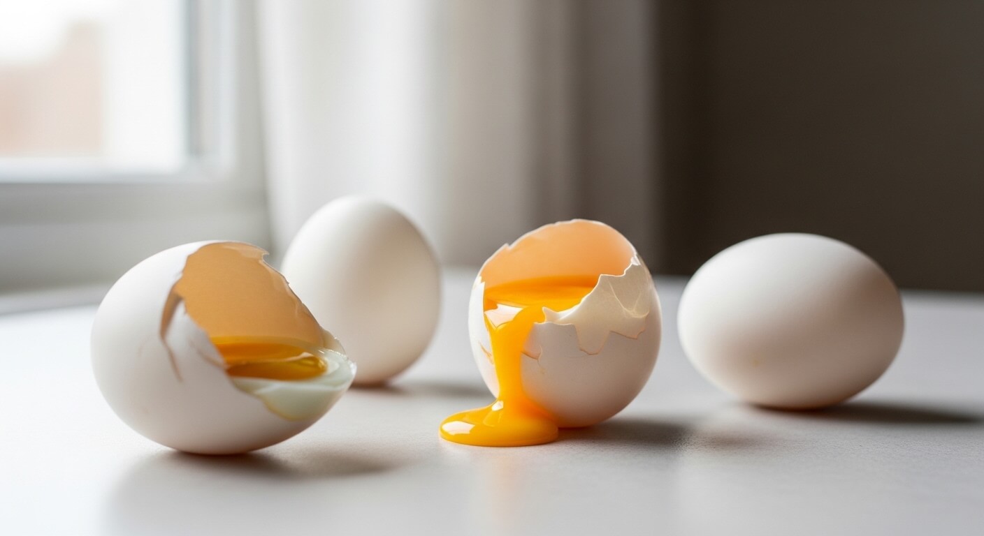 Two cracked eggs with yolks spilling out and two whole white eggs on a white surface near a window