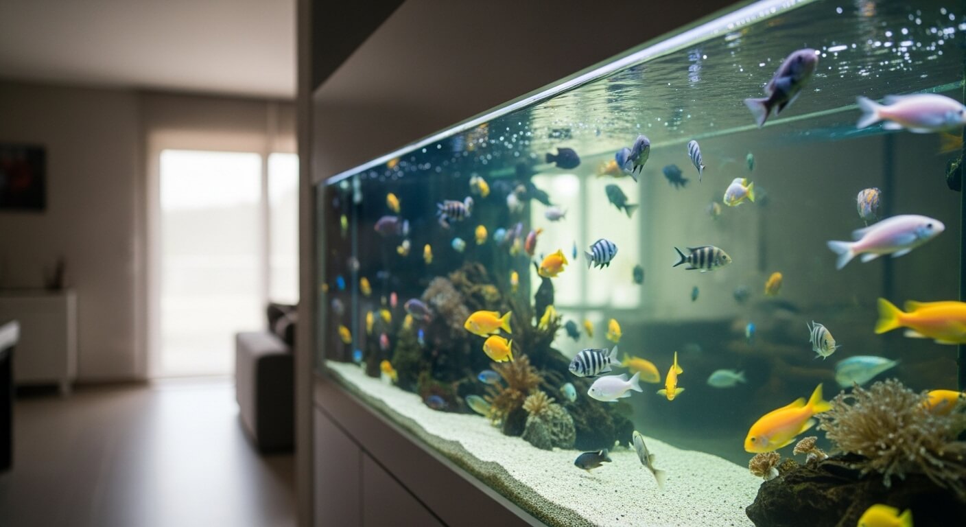 Large home aquarium with various colorful tropical fish and coral decorations in a modern living room.