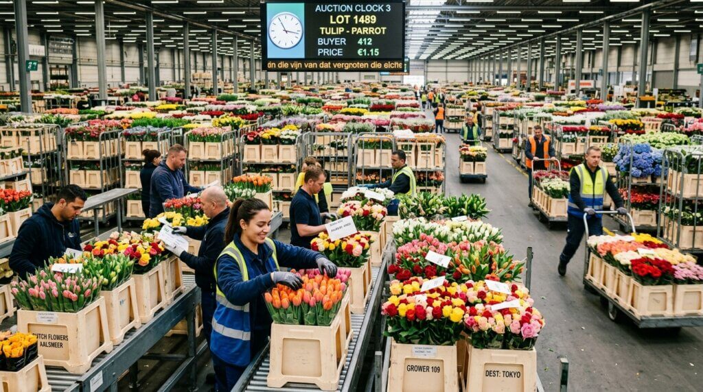 Workers sorting and transporting tulip and rose flower crates at a large indoor flower auction in Aalsmeer.