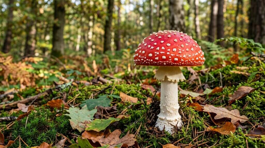 Red and white fly agaric mushroom growing on forest floor with moss and fallen leaves