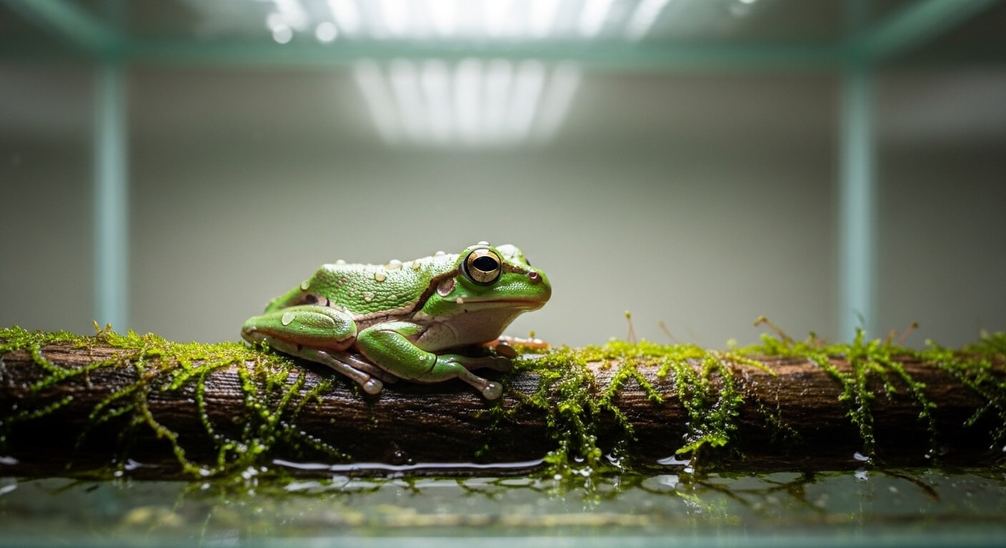 Green tree frog resting on a moss-covered branch inside a glass enclosure with water below.