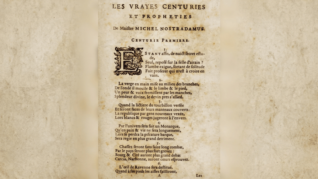 Page from Les Vrayes Centuries et Propheties by Michel Nostradamus with French prophetic verses.