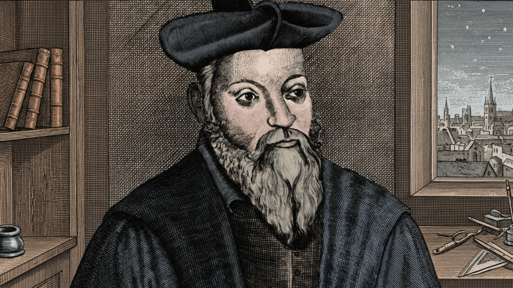 Portrait of Nostradamus wearing a black hat and robe with a cityscape visible through a window behind him.