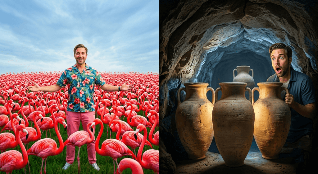 Man in floral shirt among flamingos and man surprised by ancient vases in a cave-like setting