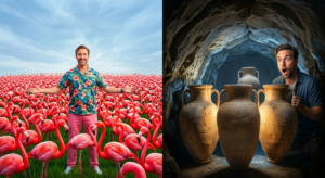 Man in floral shirt among flamingos and man surprised by ancient vases in a cave-like setting