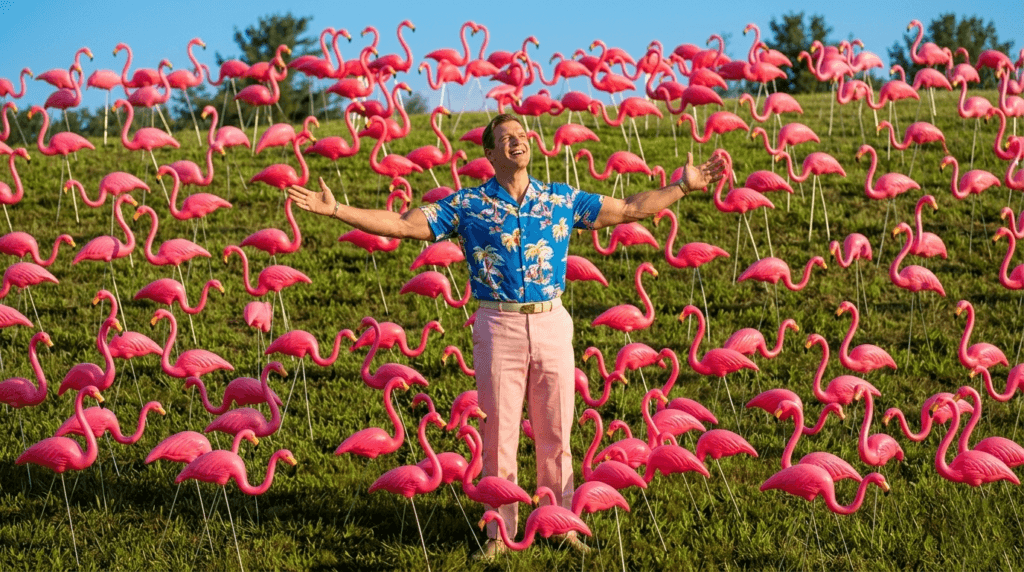 Man in blue Hawaiian shirt and pink pants standing with arms outstretched among numerous pink plastic flamingos on grass hill