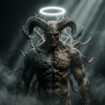 Demonic creature with large curved horns, cracked skin, tentacles, and a glowing halo above its head in dark mist.