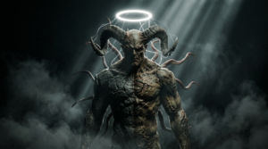 Demonic creature with large curved horns, cracked skin, tentacles, and a glowing halo above its head in dark mist.