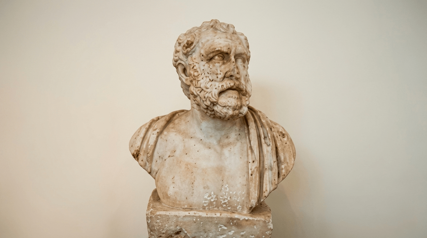 Marble bust of a bearded man with draped clothing, showing signs of aging and discoloration.