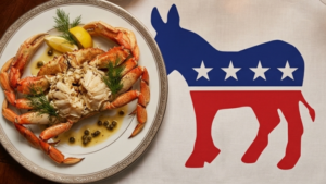 Cooked crab garnished with lemon and dill on a plate next to the Democratic Party donkey symbol with stars.