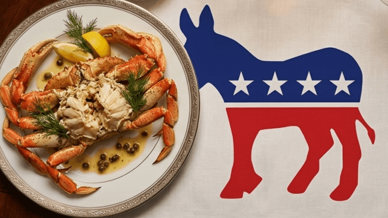 Cooked crab garnished with lemon and dill on a plate next to the Democratic Party donkey symbol with stars.