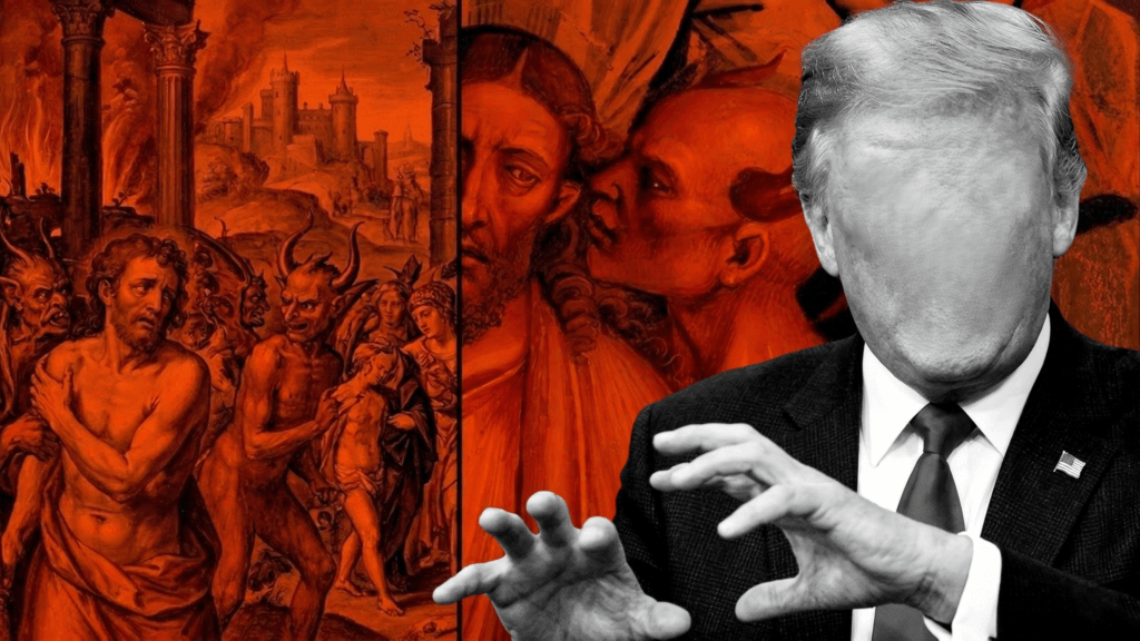 Faceless Donald Trump in black suit gesturing, with a red-toned medieval painting of demons and tormented souls in the background.