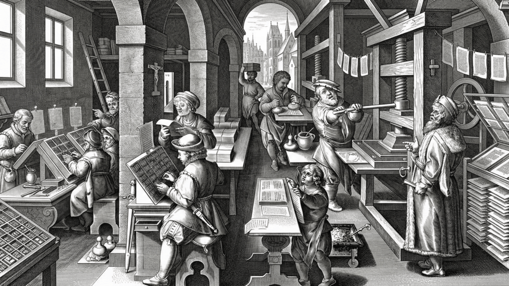 Medieval printing workshop with workers operating a printing press and setting type by hand.