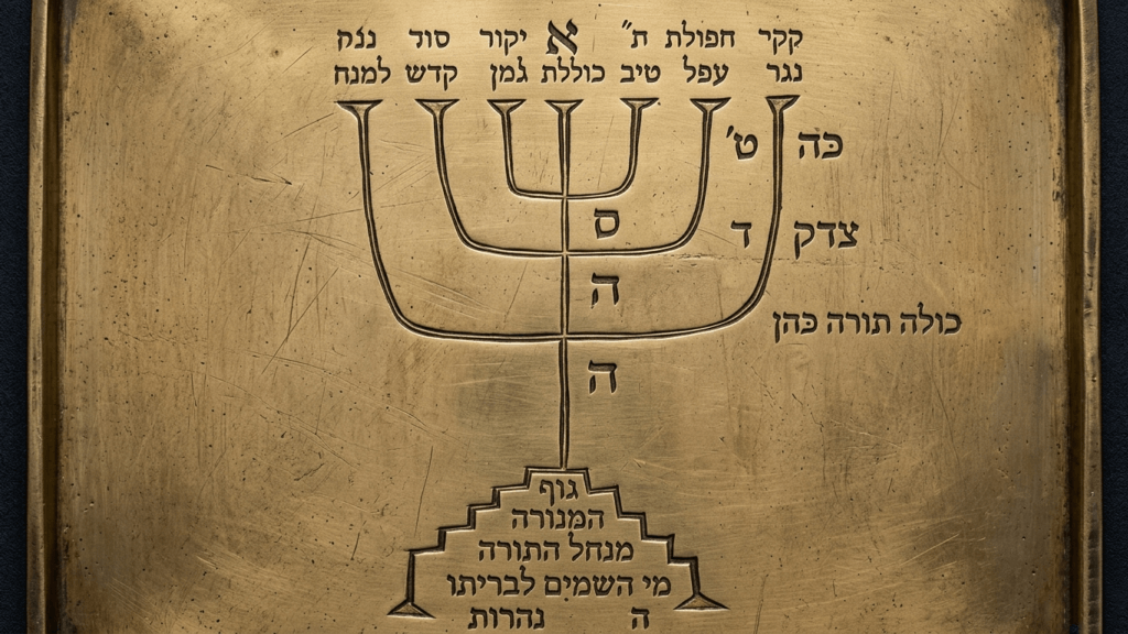 Engraved brass plaque with a Hebrew menorah and Hebrew text surrounding it.