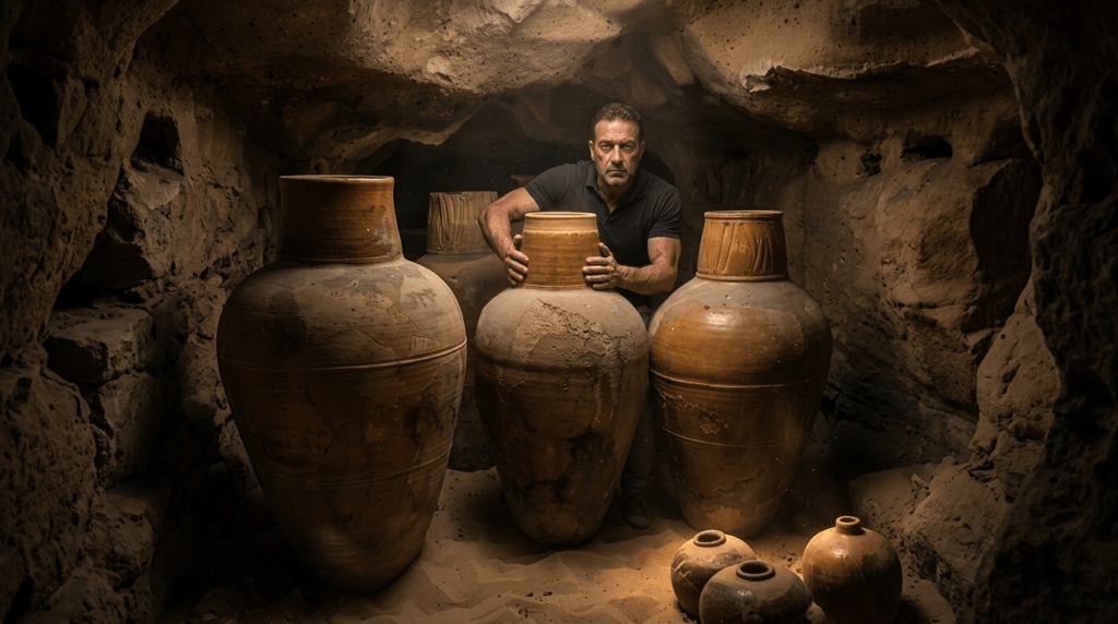 Man in a cave holding a large ancient clay jar surrounded by other large and small clay jars