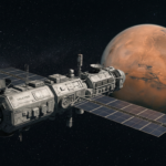 Spacecraft named Valkyrie orbiting near the planet Mars with visible solar panels and antennas