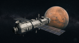 Spacecraft named Valkyrie orbiting near the planet Mars with visible solar panels and antennas
