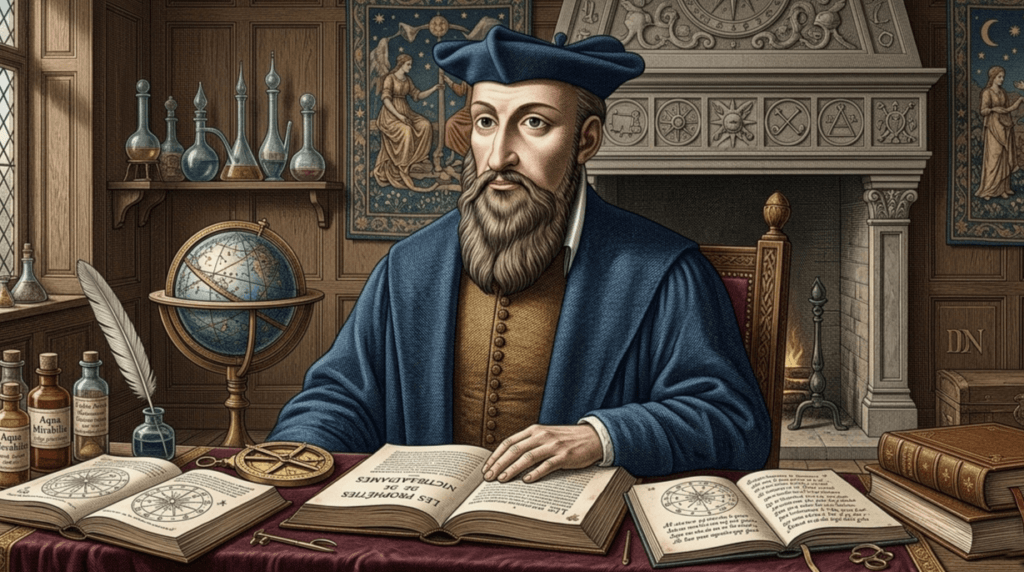 Nostradamus in Renaissance attire sitting at a desk with astrological books, a globe, and alchemical bottles.
