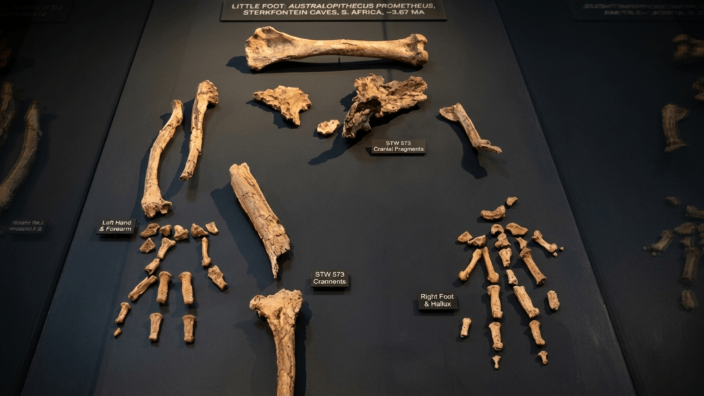 Fossilized left hand, forearm, cranial fragments, crannents, and right foot bones of Australopithecus prometheus from Sterkfontein Caves, South Africa.