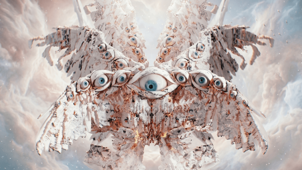 Surreal white winged creature covered in multiple blue eyes against a cloudy sky background.