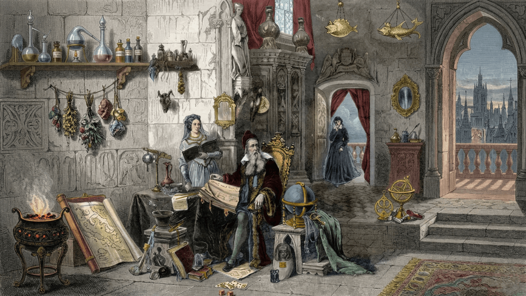 Medieval alchemist studying a manuscript with an assistant in a stone chamber filled with scientific instruments and herbs.