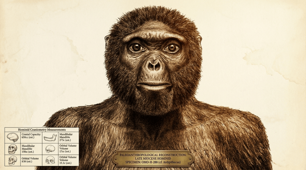 Reconstruction of a late Miocene hominid specimen OMO-H-288 (cf. Ardipithecus) with craniometry measurements chart.