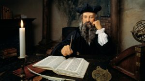 Leonardo da Vinci figure writing in a large book with a quill, candle, and astrolabe on the table