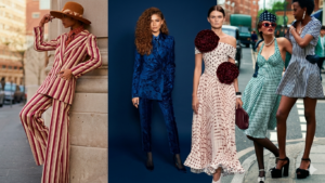 Five models showcasing vintage-inspired outfits including striped suit, velvet suit, polka dot dress, and retro polka dot dresses on city street and studio.