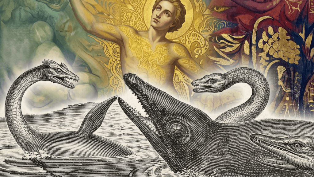 Collage of a golden haloed figure with ornate patterns and vintage illustrations of sea serpents and prehistoric marine reptiles.