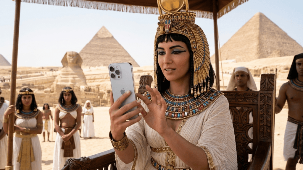 Woman dressed as ancient Egyptian queen using an iPhone with the Great Sphinx and pyramids in the background