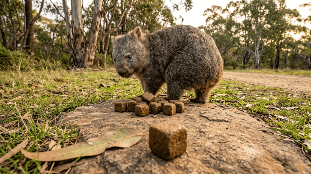 Wombat eating cube-shaped food pellets on a rock in a forested area.