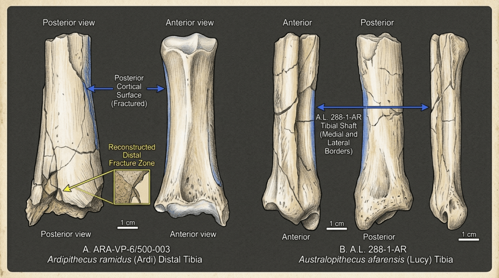 Comparison of fractured distal tibia of Ardipithecus ramidus (Ardi) and tibial shaft of Australopithecus afarensis (Lucy)