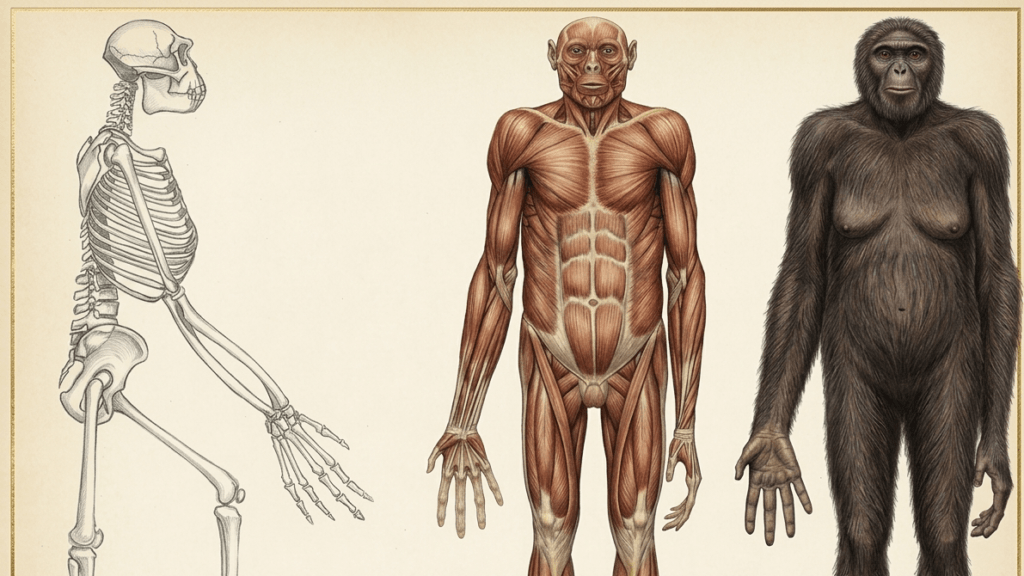 Side view of a primate skeleton, a muscular system illustration, and a fully furred primate standing upright.