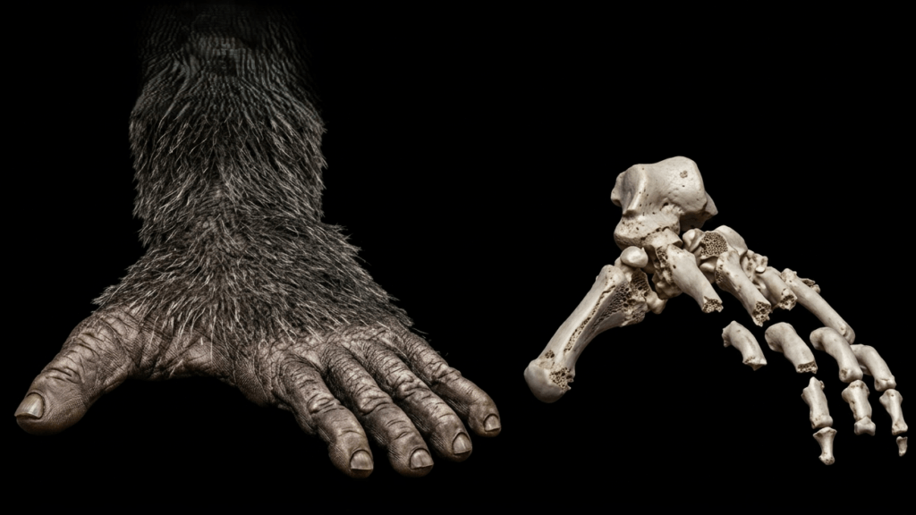 Comparison of a hairy primate hand and its skeletal structure on a black background.