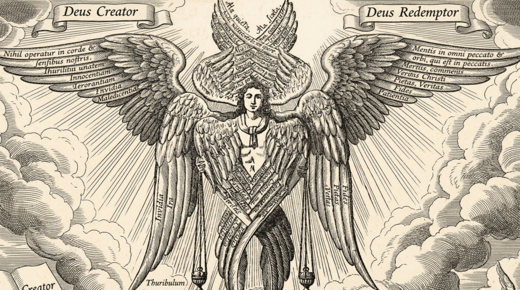 Engraving of a winged angelic figure with Latin inscriptions on wings and banners labeled "Deus Creator" and "Deus Redemptor" surrounded by clouds.
