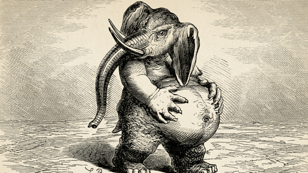 engraving of a surreal creature with an elephant head, human arms, and a round belly standing on a textured ground
