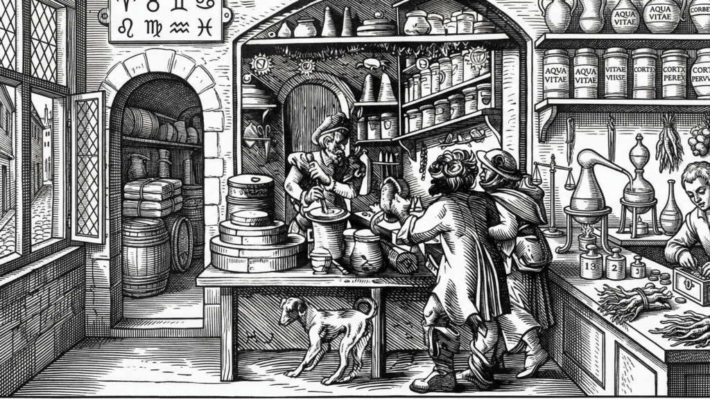 Medieval apothecary shop with pharmacist preparing medicine, customers, and shelves of jars and herbs.
