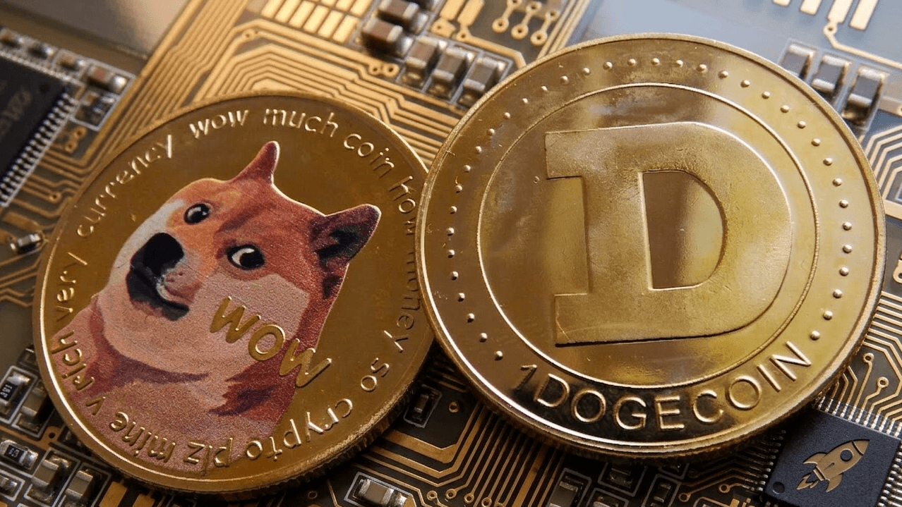 Two Dogecoin cryptocurrency coins on a computer circuit board background